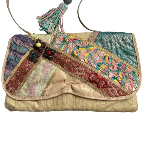 Vintage Carlo Fiori Italy Snakeskin Patchwork Leather Crossbody Bag Chunky Beads - Picture 3 of 10